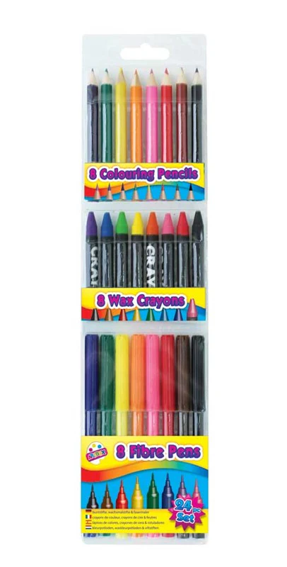24 Piece Colouring Set - Pens Felt Tip Pencils Crayons Kids School Crafts Colour