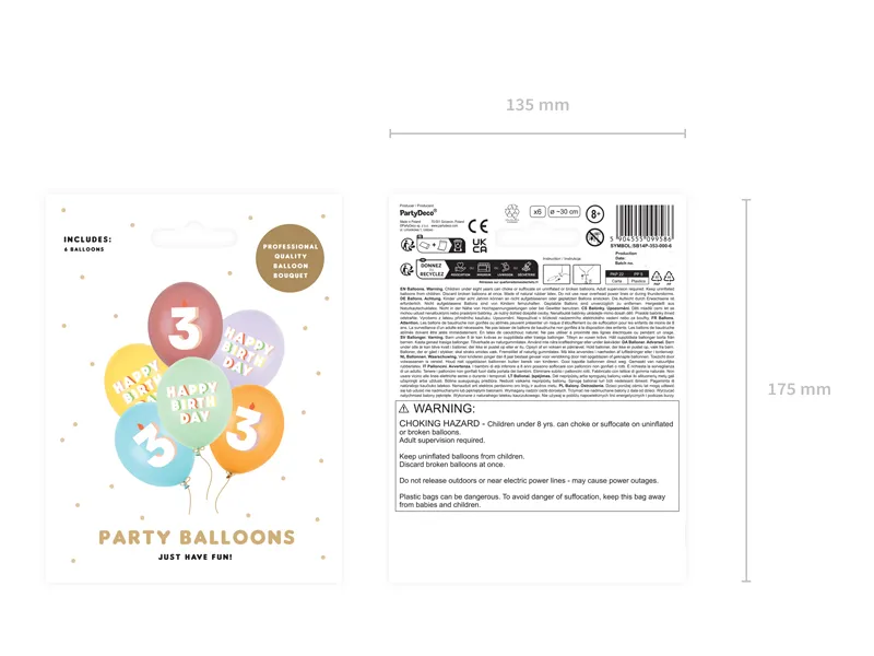 Age 3 Happy Birthday Latex Balloons 30 cm (Pack of 6) - Image 3
