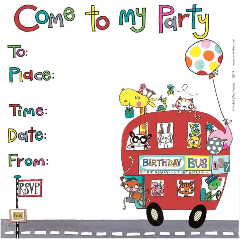 Birthday Bus Party Invitations by Rachel Ellen Designs (Pack of 8)