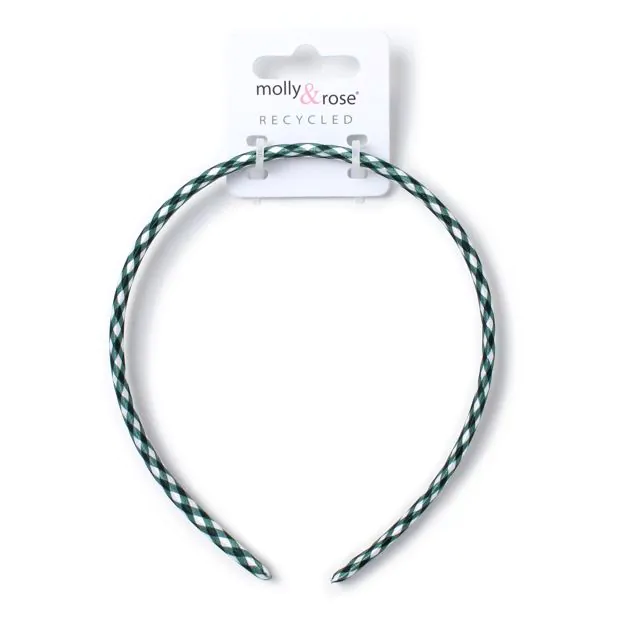 Bottle Green Gingham School Alice Band, 1 cm Wide, Recycled Materials - Image 3