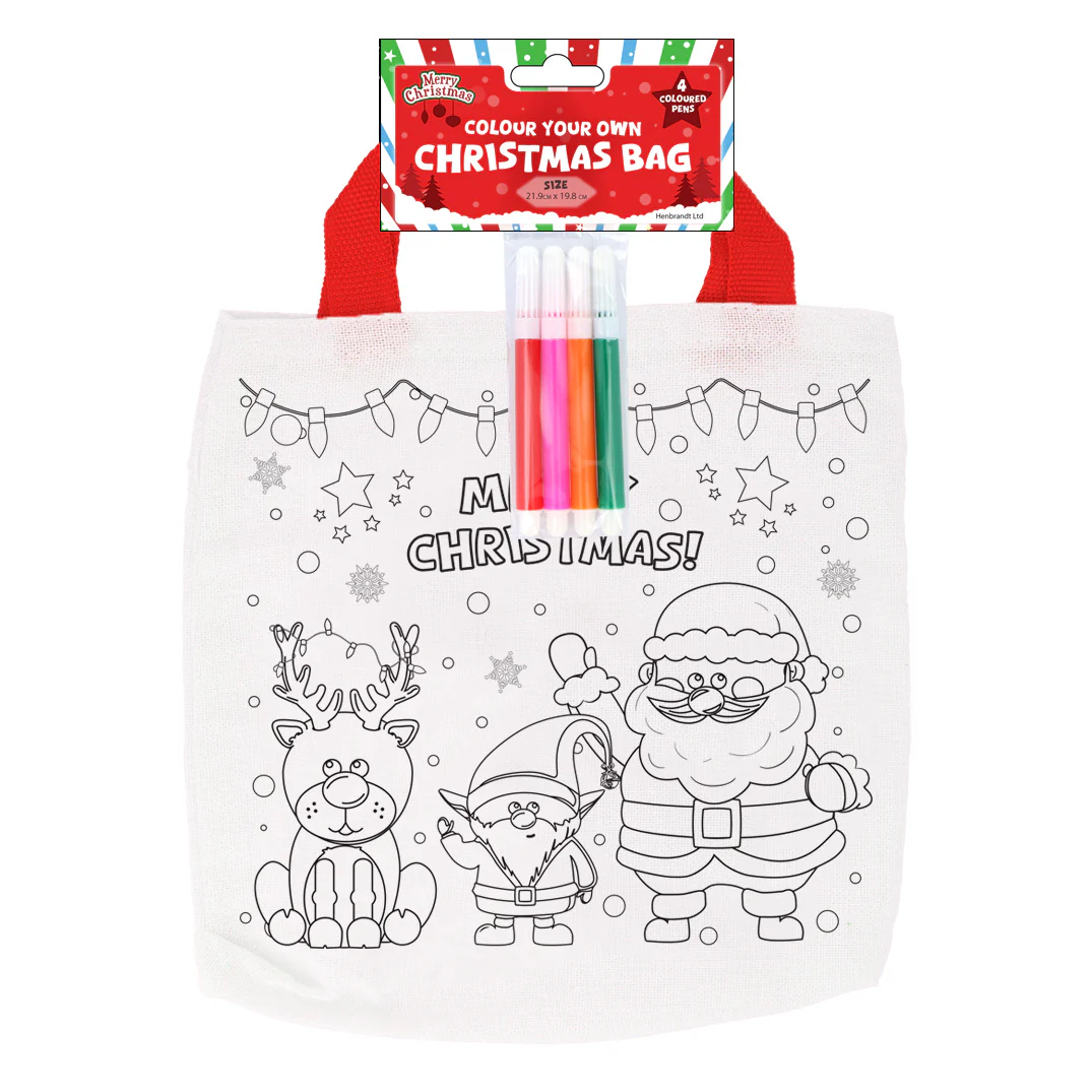 Colour-Your-Own Christmas Tote Bag inc 6 Mini Felt Tip Pens (3 Assorted Designs) - Image 3