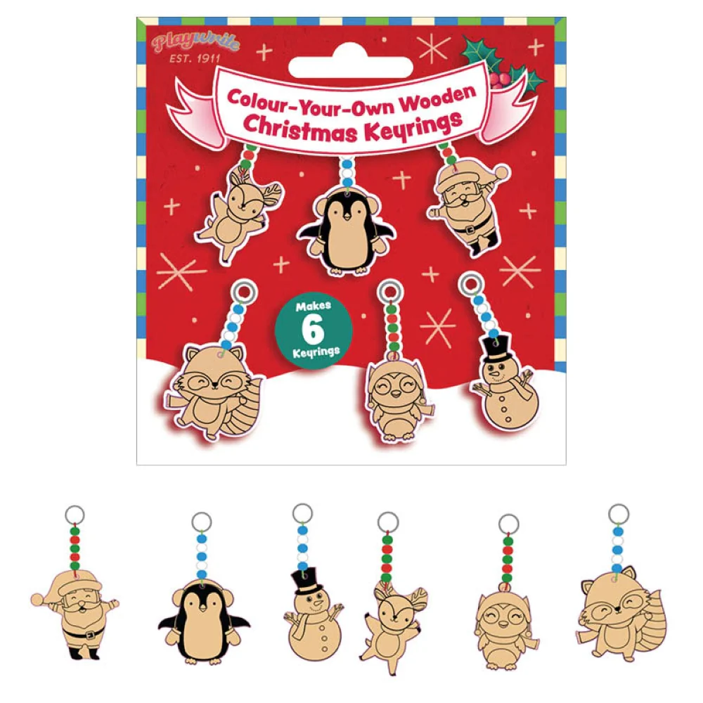 Colour Your Own Wooden Christmas Keyrings 6pk