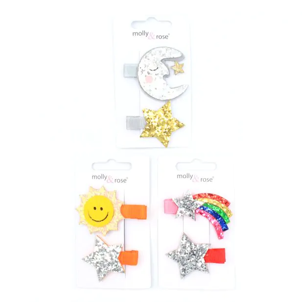 Girls Star, Moon, Sun and Rainbow Glitter Hair Clips (Pack of 2)