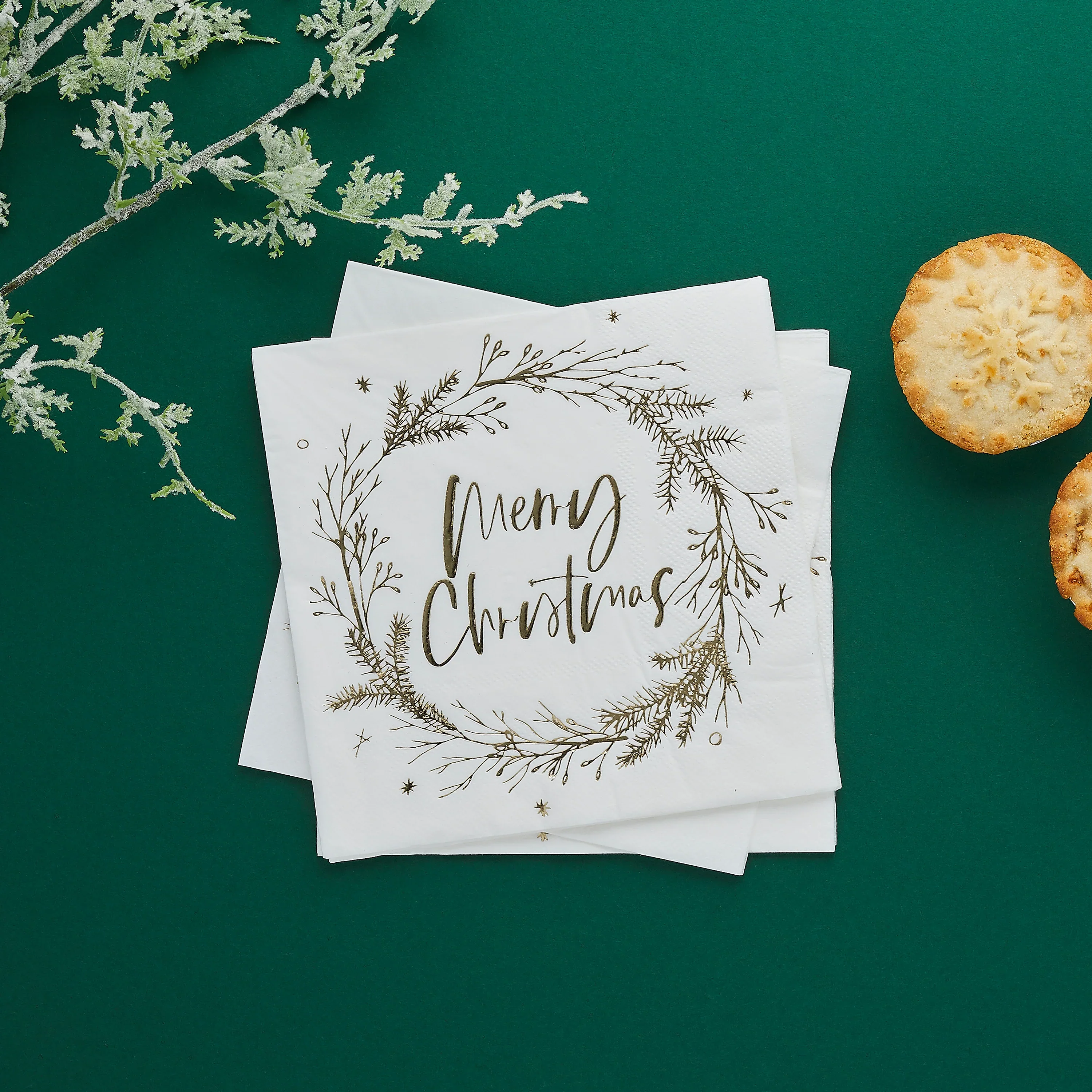 Gold Foiled Merry Christmas Wreath Paper Napkins (Pack of 20)