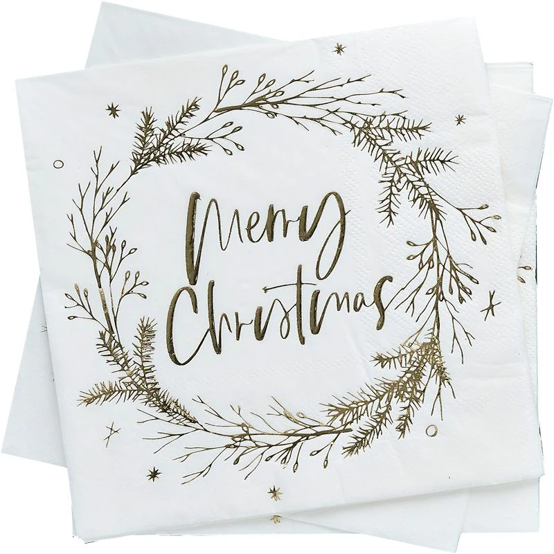 Gold Foiled Merry Christmas Wreath Paper Napkins (Pack of 20) - Image 2