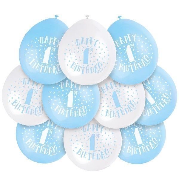 Happy 1st Birthday Blue and White Party Balloons (Pack of 10)