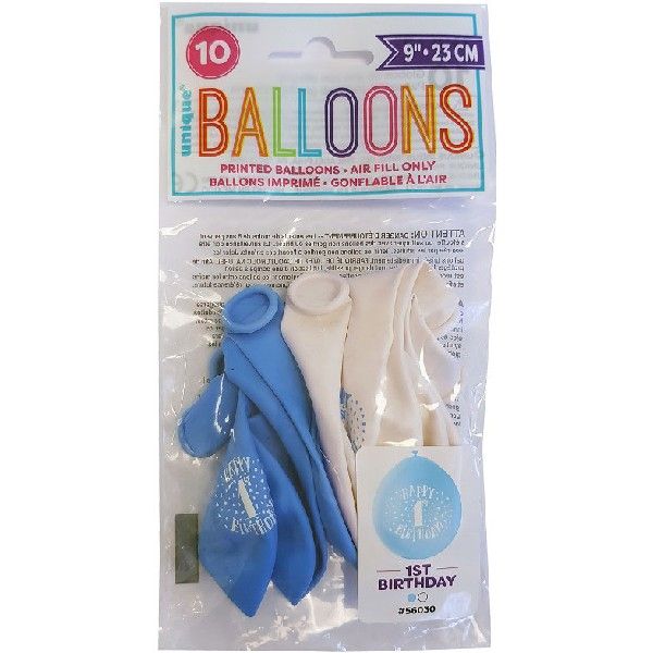 Happy 1st Birthday Blue and White Party Balloons (Pack of 10) - Image 2