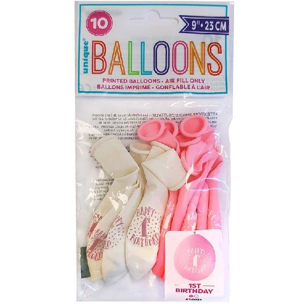 Happy 1st Birthday Pink and White Balloons (Pack of 10) - Image 2