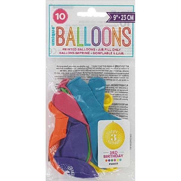Latex Assorted Happy 3rd Birthday Balloons (Pack of 10) - Image 2