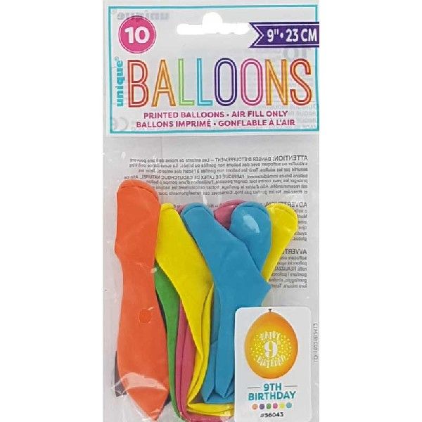 Latex Assorted Happy 9th Birthday Balloons (Pack of 10) - Image 2