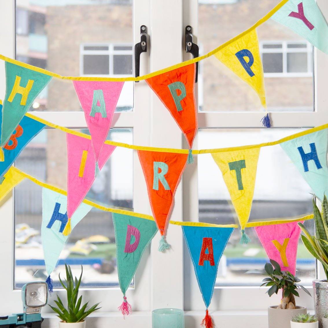 Rainbow 'Happy Birthday' Birthday Party Reusable Fabric Bunting Banner - 3m - Image 3