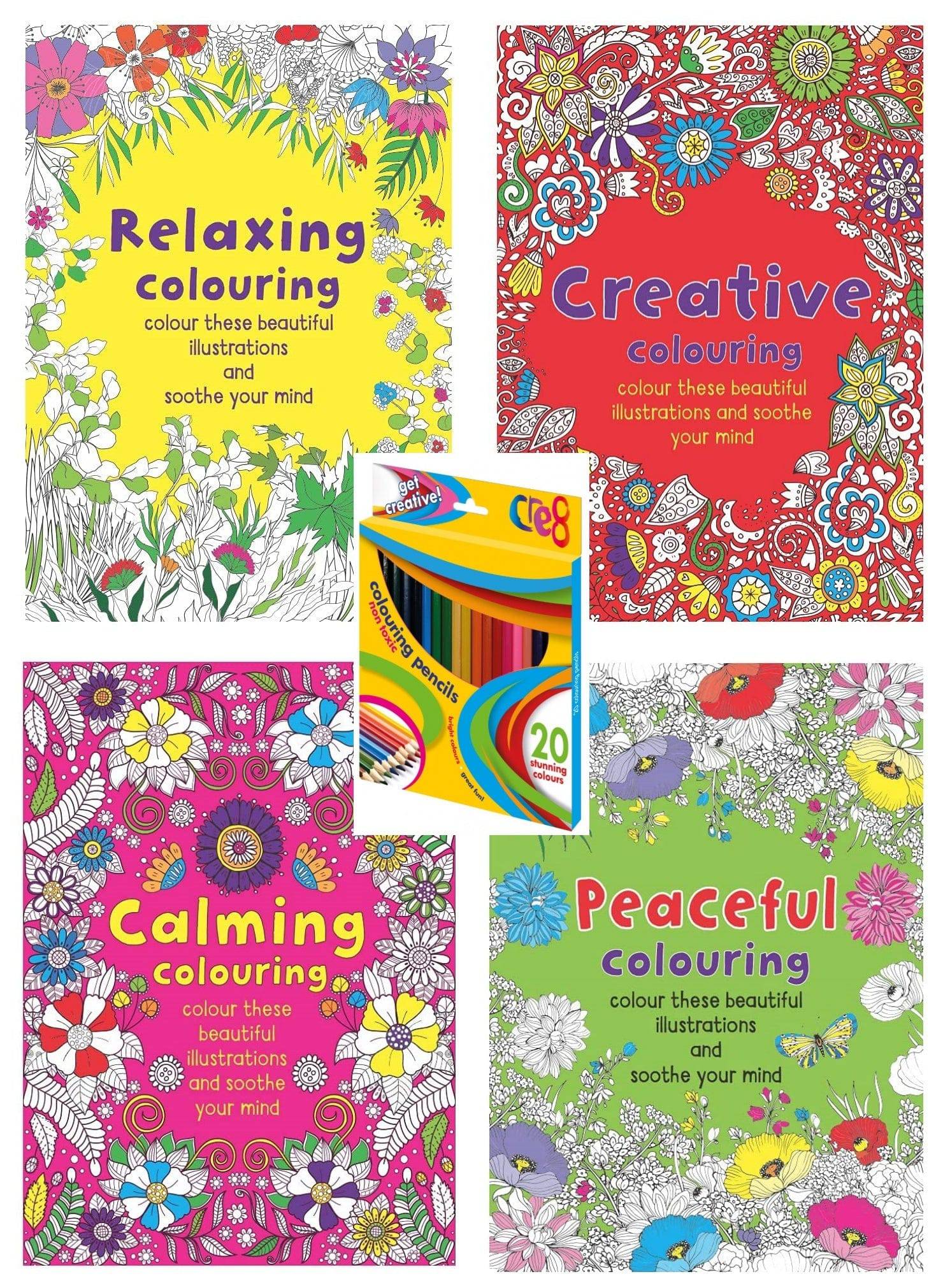 Set of 4 Anti-Stress Adult Colouring Books with Pencils