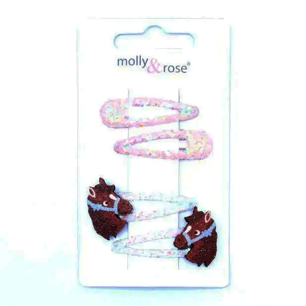 Set of 4 Sparkly Girls Hair Snap Clips, 2 Pony Motif and 2 Plain - Image 4
